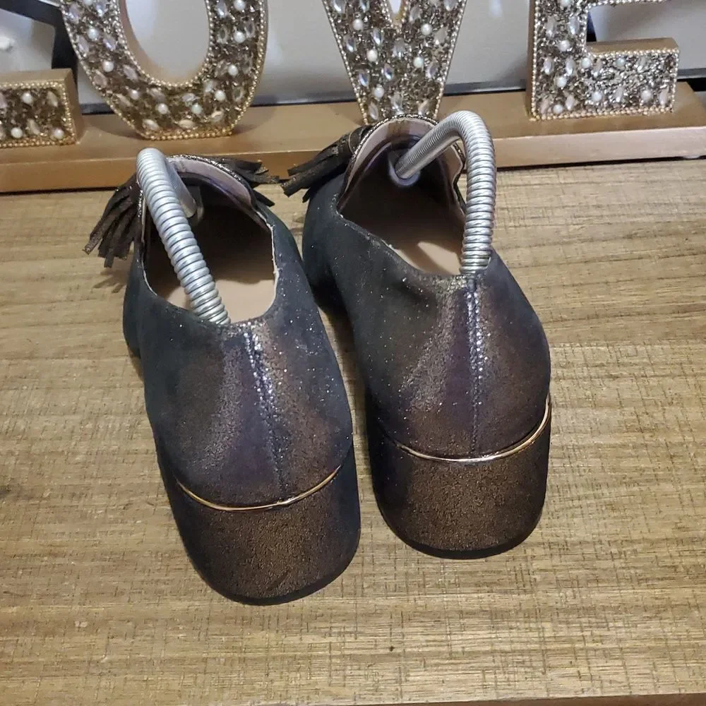 Karl Lagerfeld Mae Chunky Heel Bronze Gold Sparkly Tassel Shoes Sz 6M Euro Chic